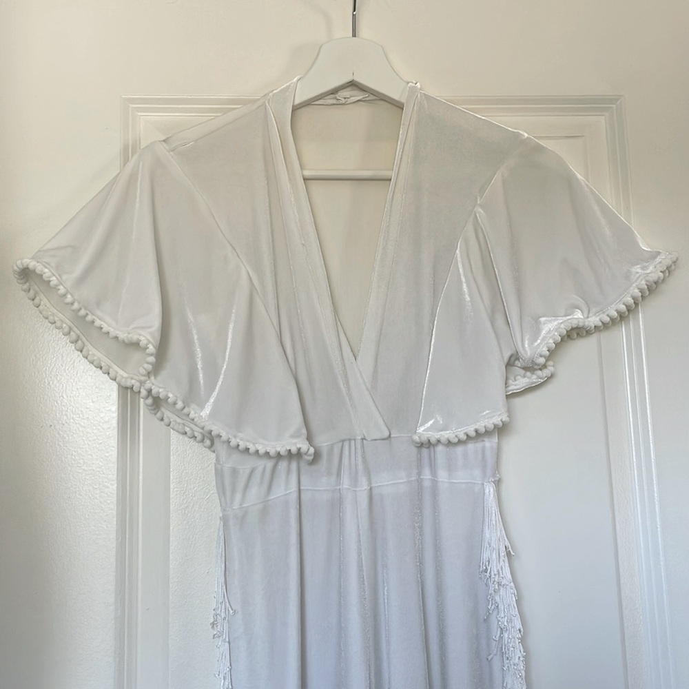 White Bridal Velvet Fridge V-Neck Jumpsuit